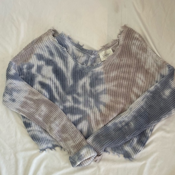 Jessica Simpson Women’s Sweater Tie Dye Waffle  Knit Crop Blue/brown/white Large - Picture 4 of 10